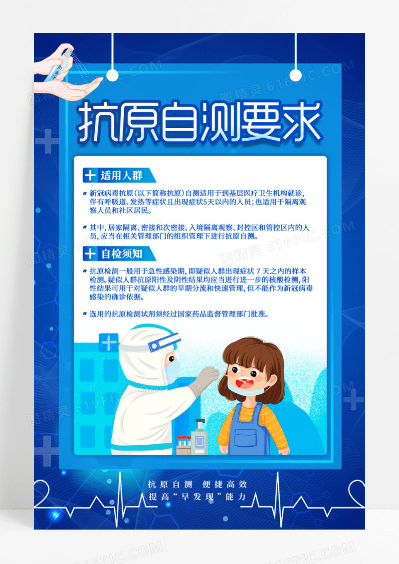 蓝色简约核酸检测抗原自测要求海报