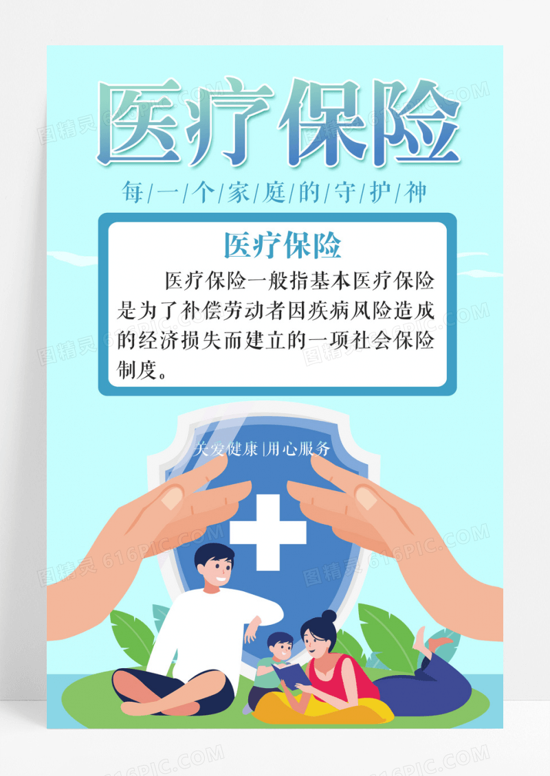 卡通蓝色绿色卡通创意简约医疗保险海报