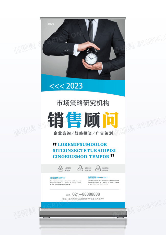 蓝色商务营销策略顾问公司企业通用x展架