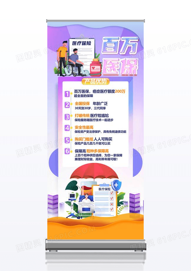 紫色卡通百万医保产品优势保险展架