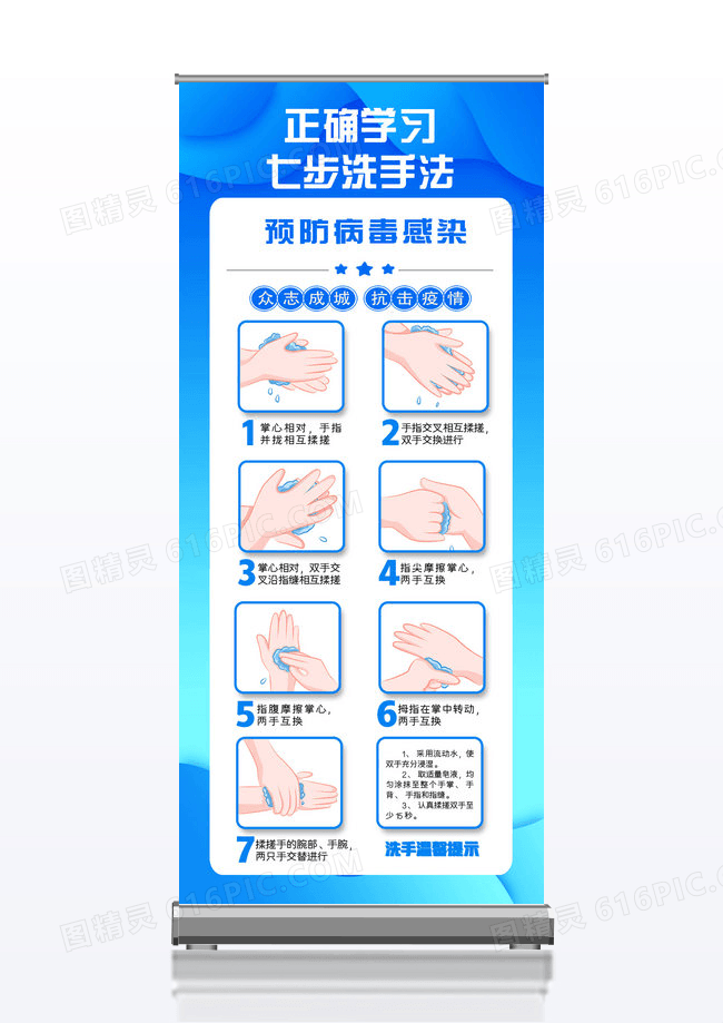 绿色简约七步洗手法七步洗手病毒细菌疫情展架易拉宝设计