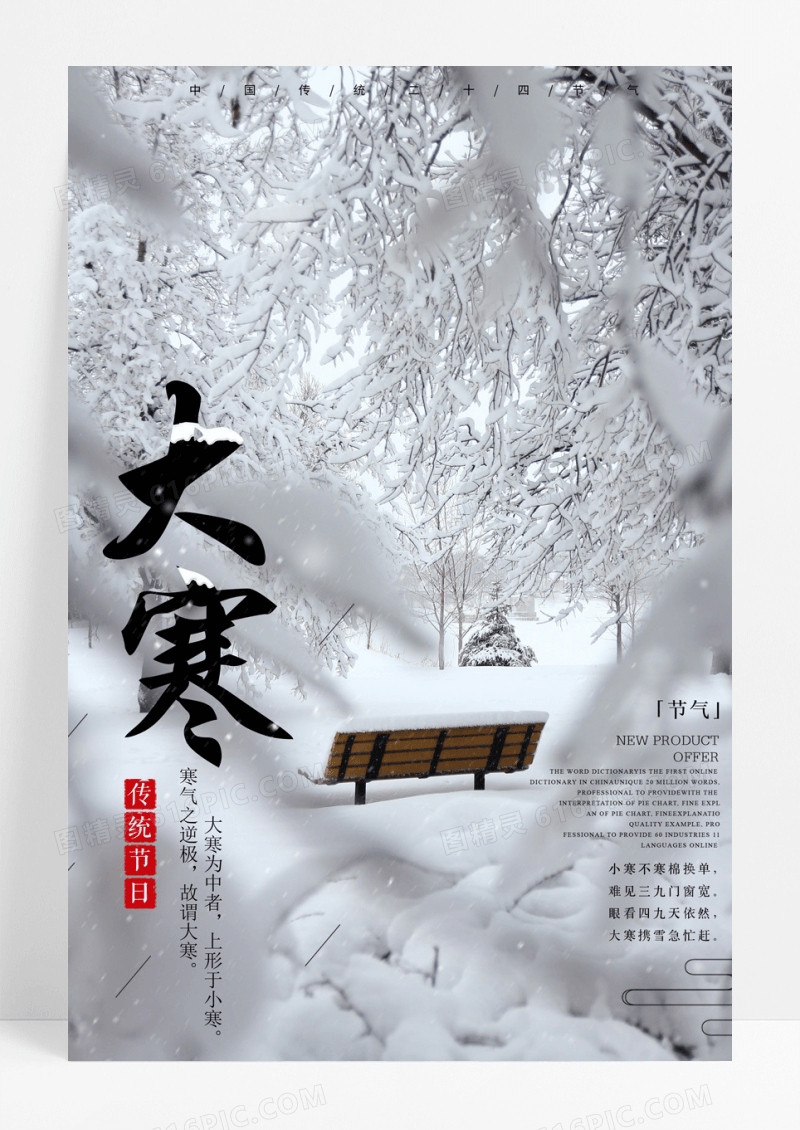 大寒24节气传统节日唯美雪乡海报