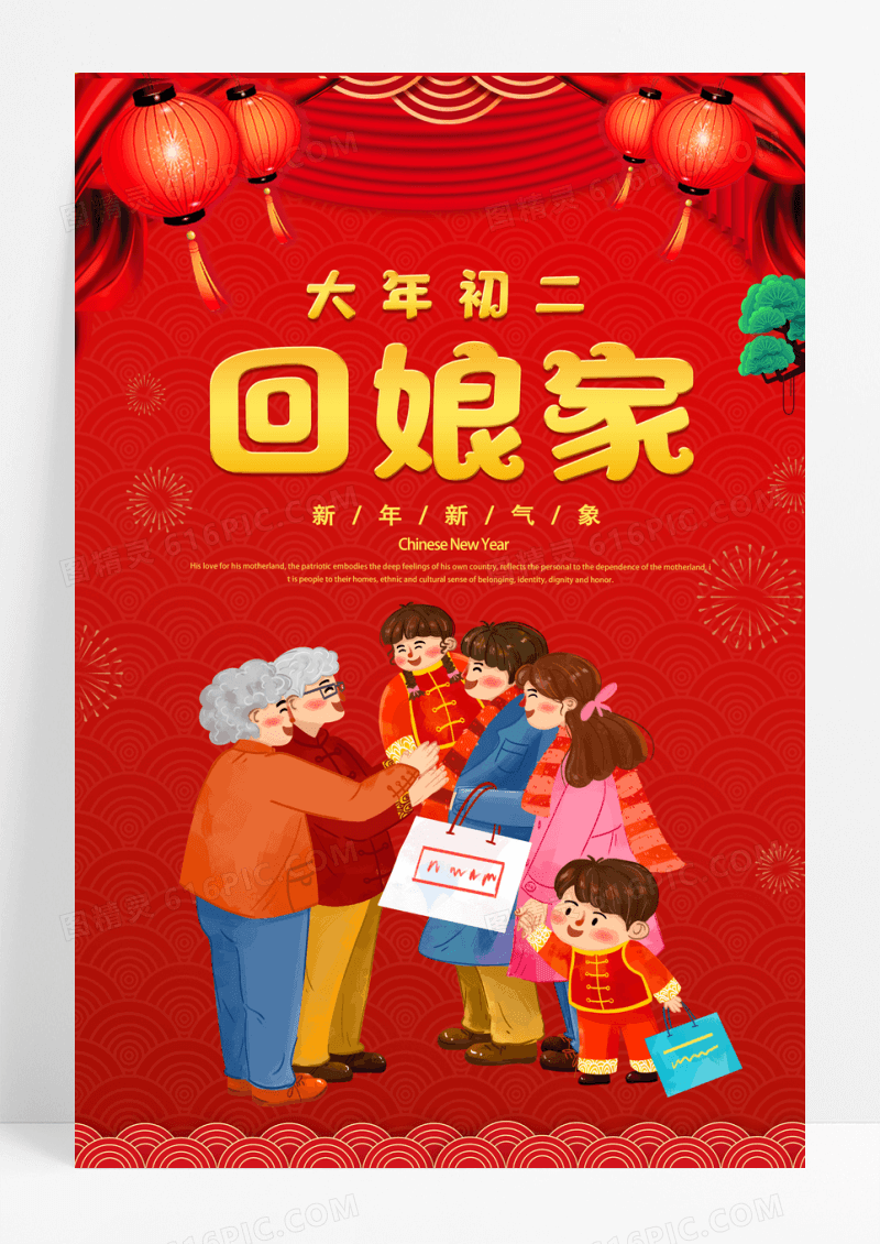 红色2023新年春节牛年大年初二回娘家春节习俗创意海报
