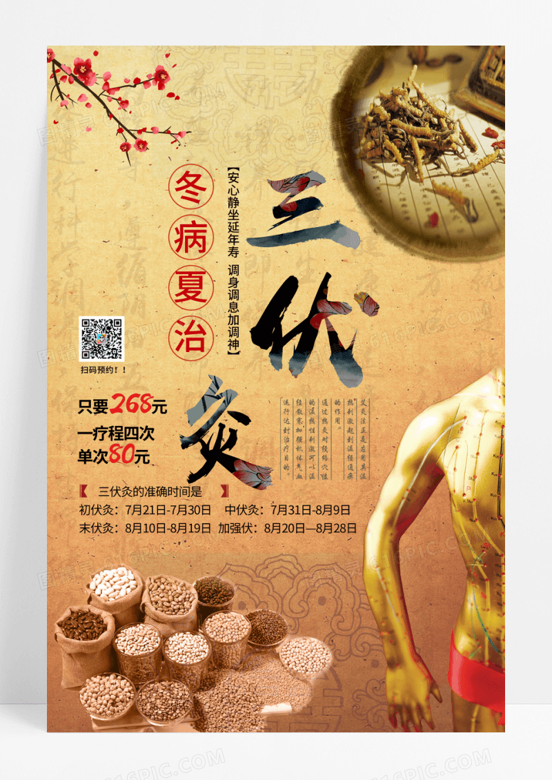 中国风三伏灸艾灸宣传海报