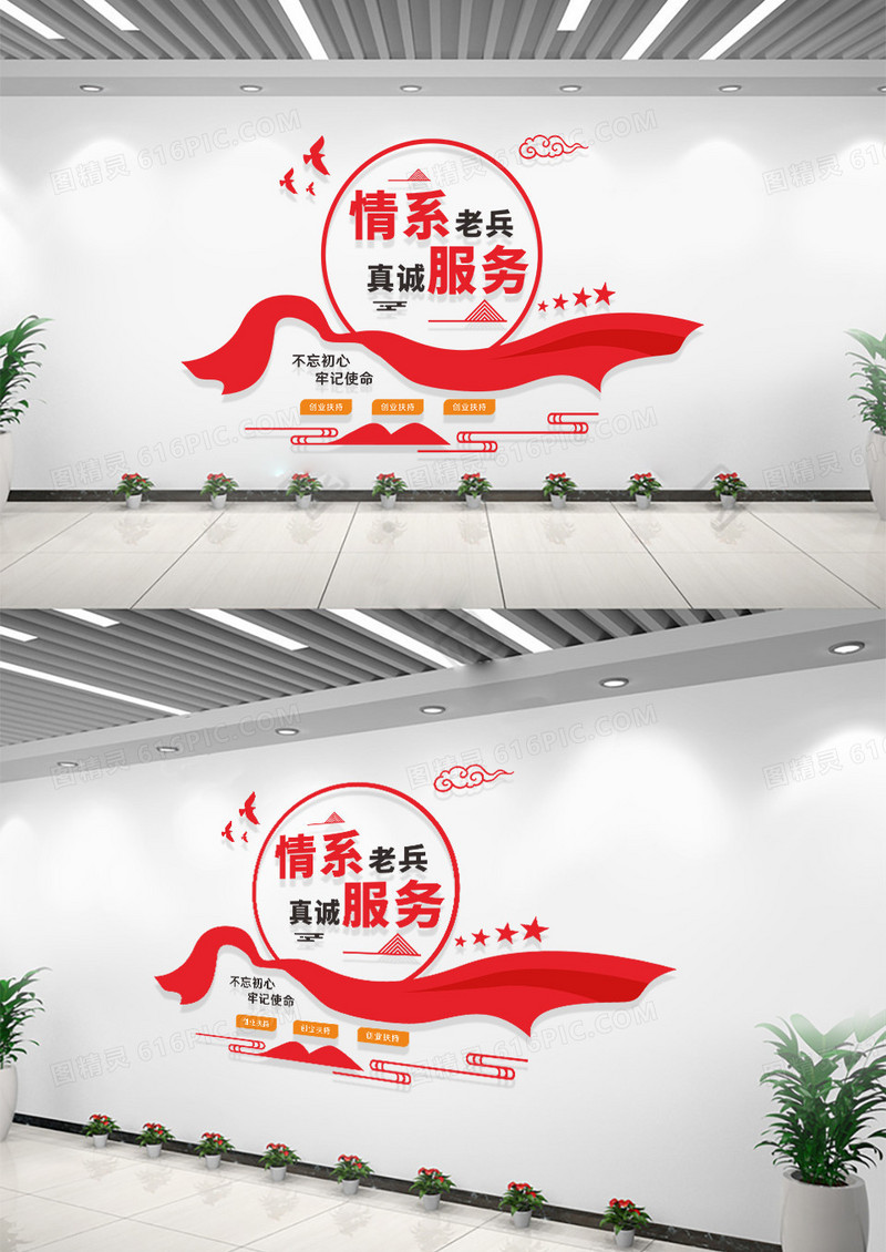 党建红色大气情系老兵真诚服务部队文化墙
