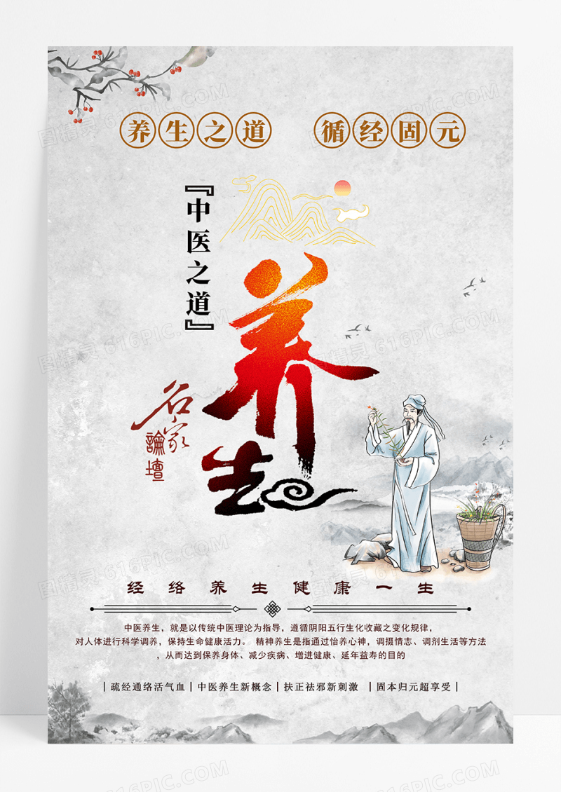 中国风水墨中医之道养生宣传海报
