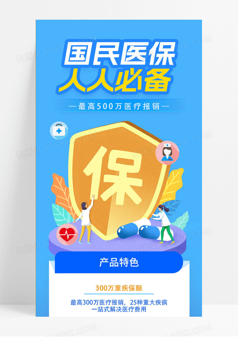 蓝色简约卡通图标医疗保险医生手机ui长图