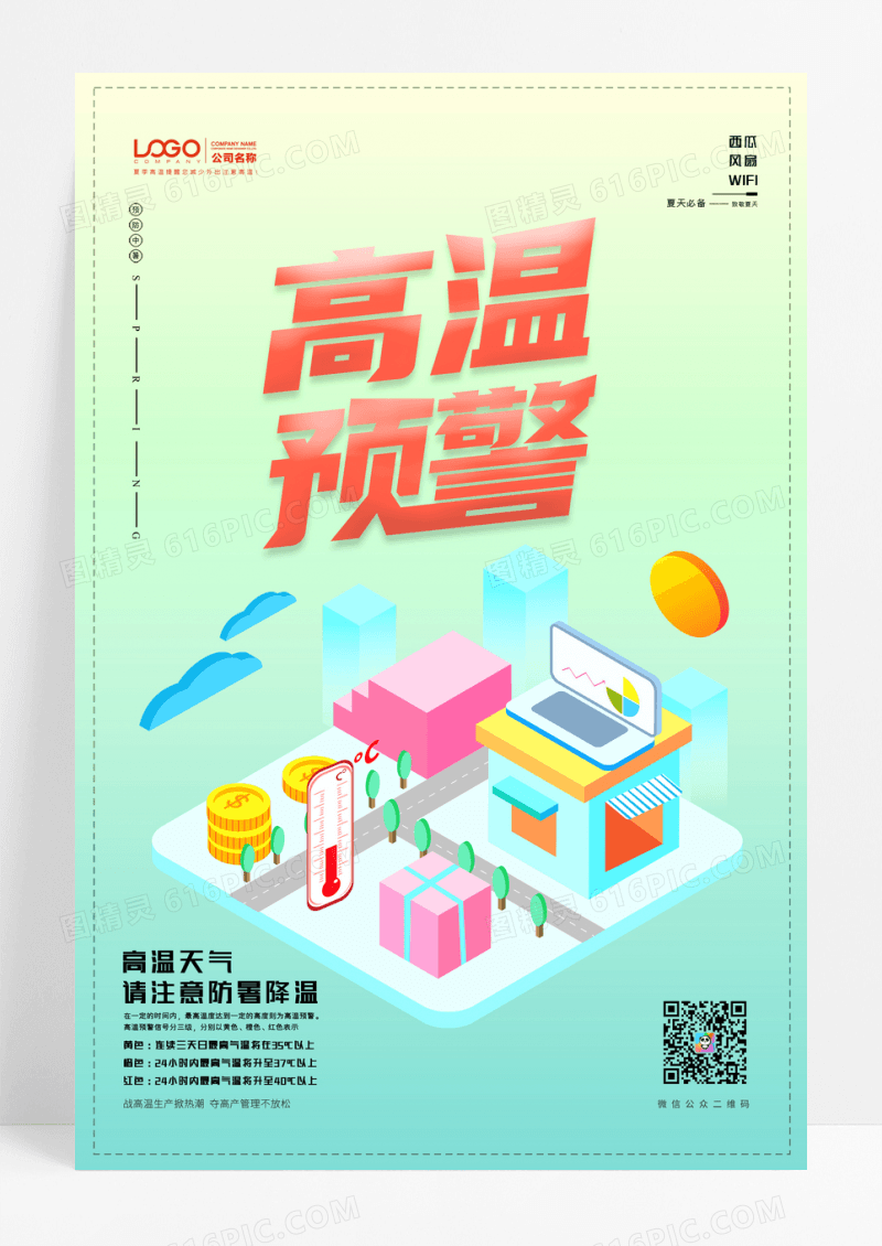 2.5D插画夏季高温预警公益海报
