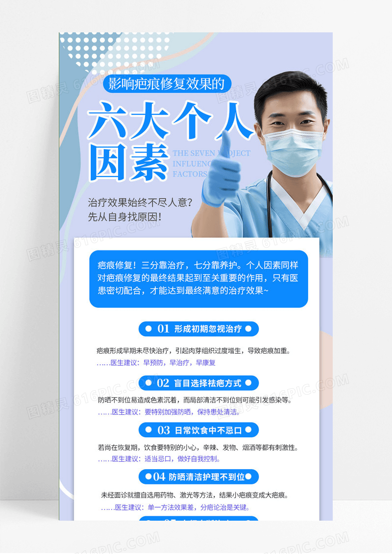 蓝色简约商务影响修复效果因素医疗知识宣传长图医疗医院
