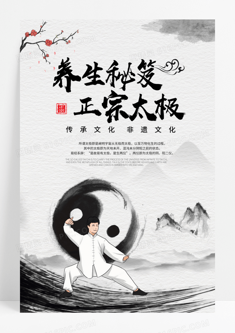 简约水墨中国风养生秘笈太极文化宣传海报