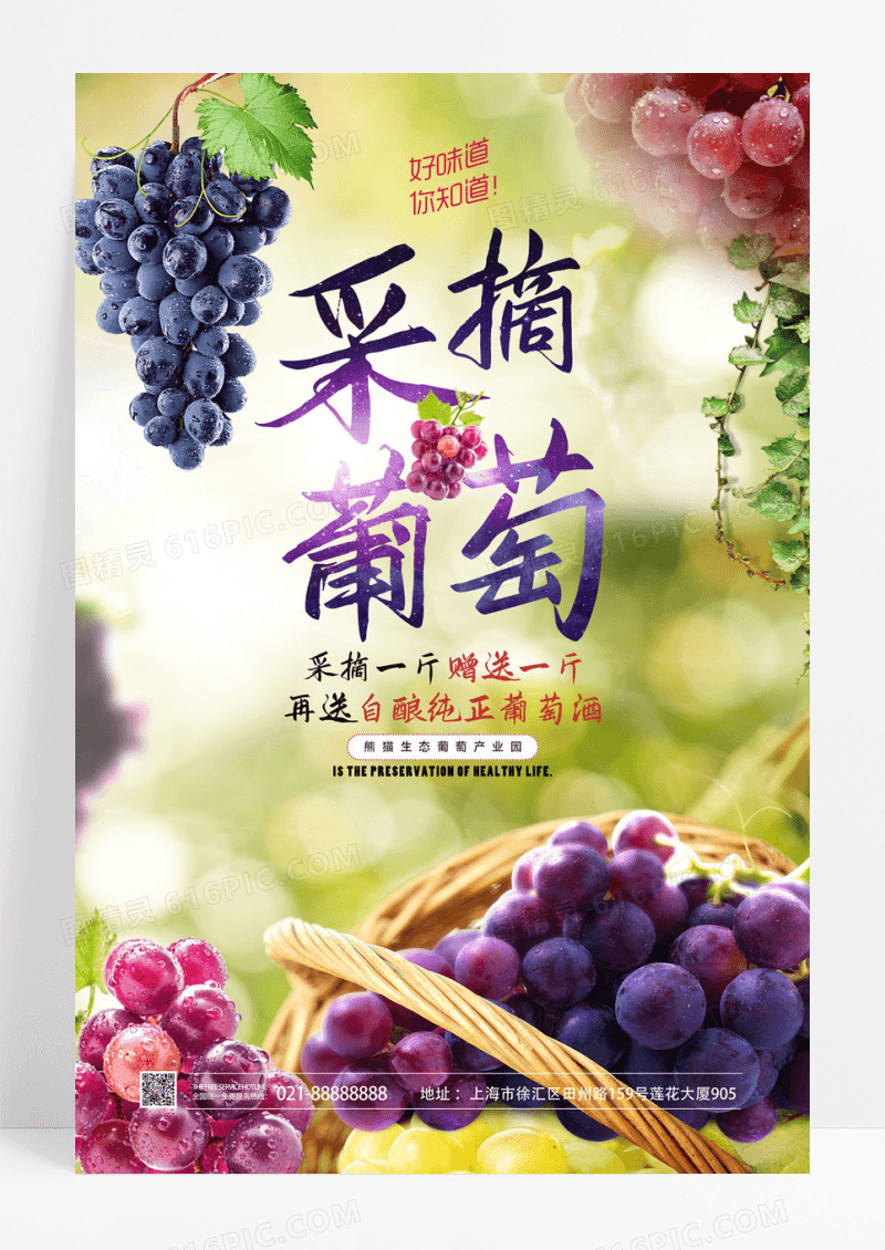新鲜采摘葡萄水果促销海报创意海报