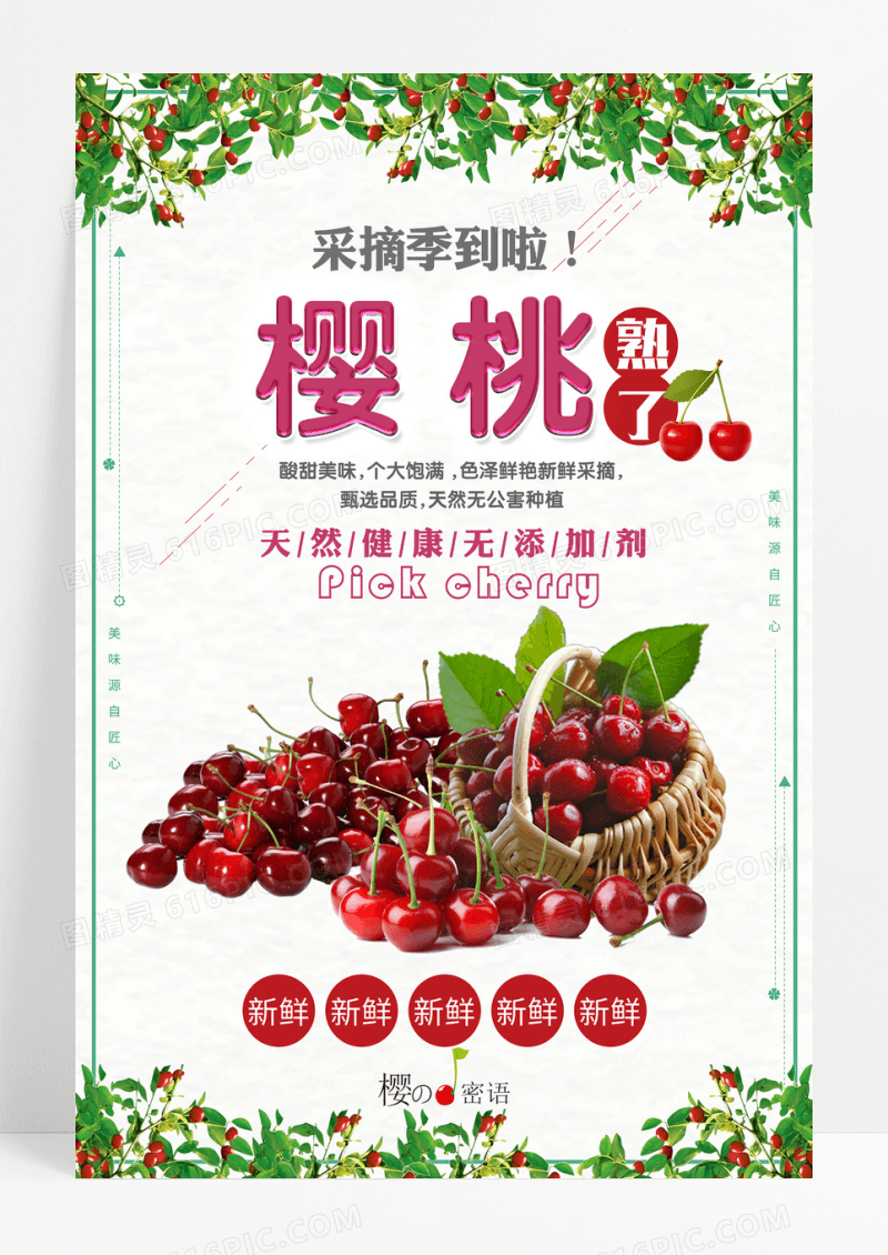 小清新樱桃采摘季节海报