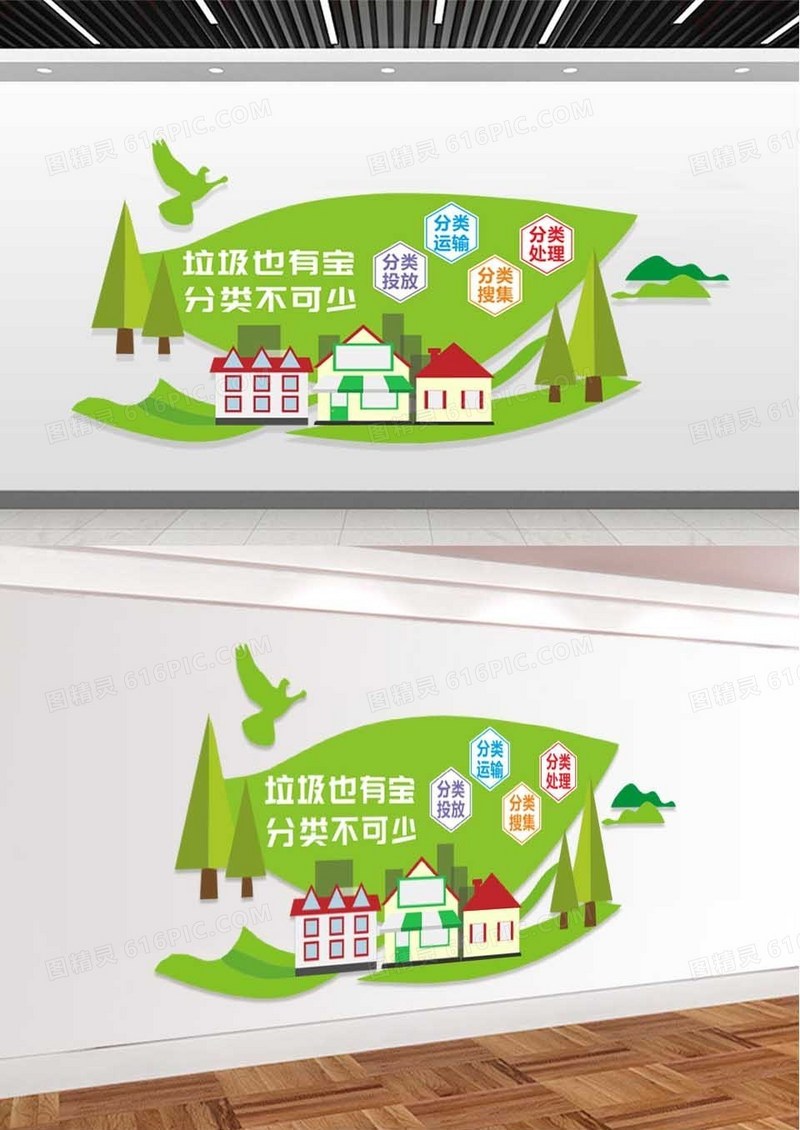 绿水简约垃圾分类环保文化墙