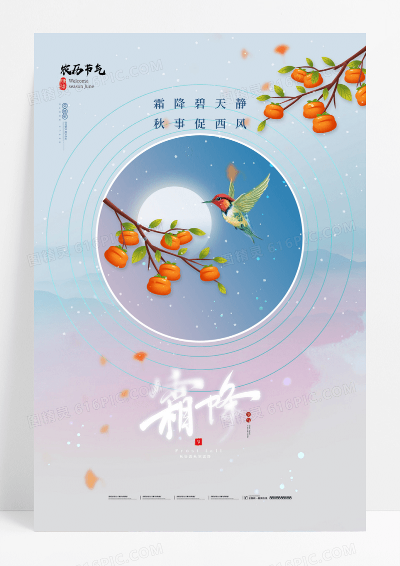 霜降柿子小鸟中国风海报