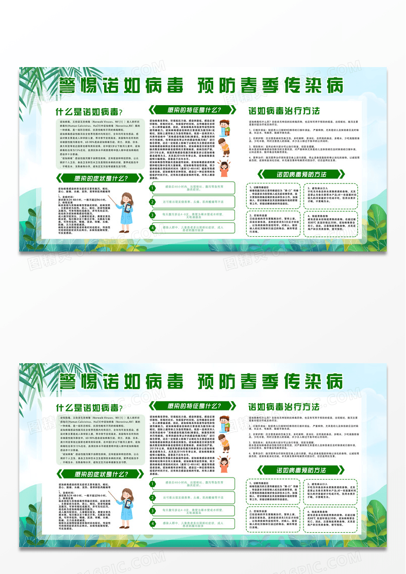 蓝天草地手绘警惕诺如病毒预防春季传染病宣传栏设计