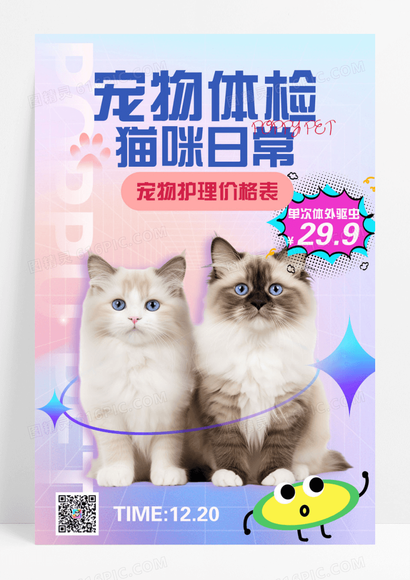 渐变酸性风格宠物体检猫咪日常简约海报