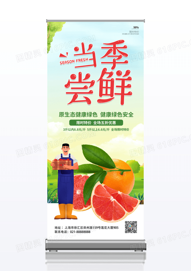 简约绿色冬季水果当季尝鲜蜜柚子促销展架