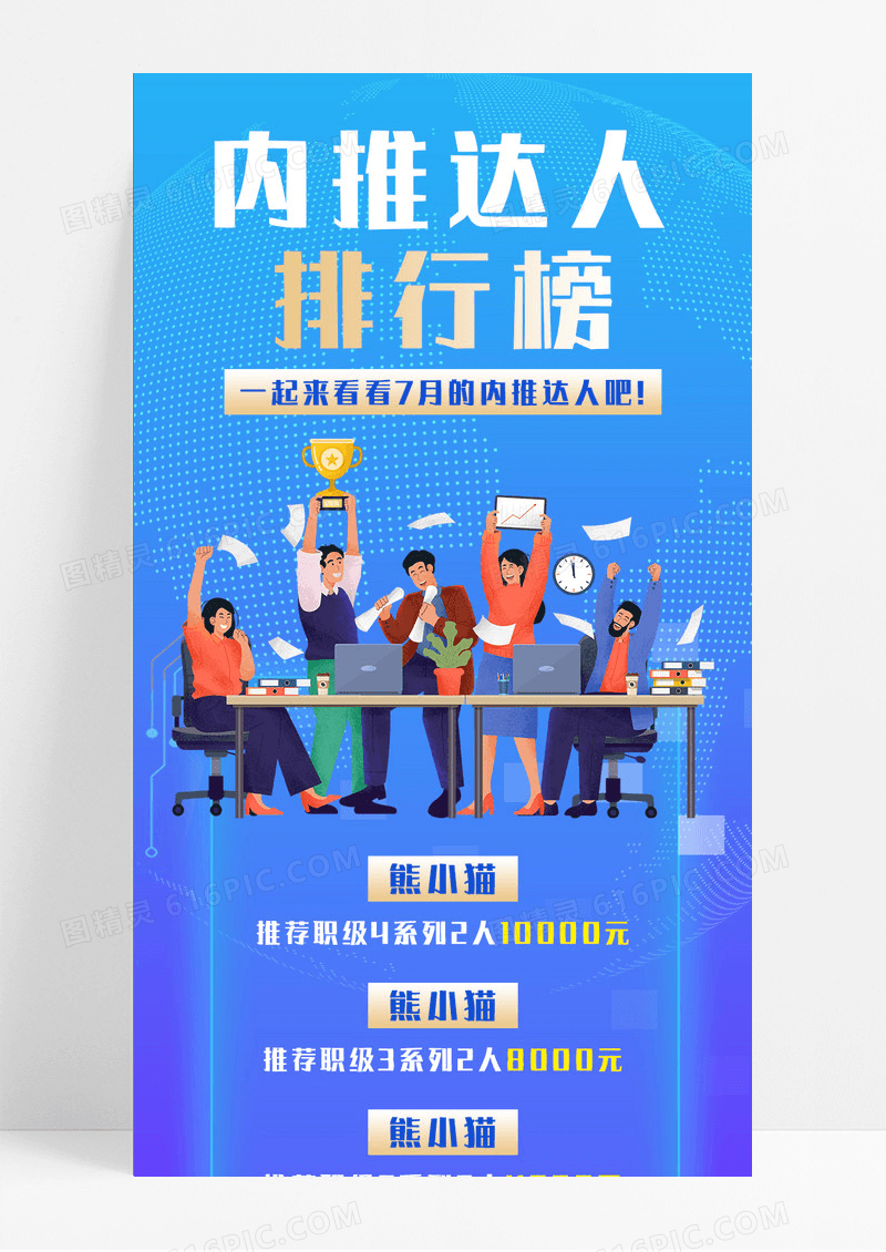 紫色渐变卡通内推达人排行榜人物营销长图