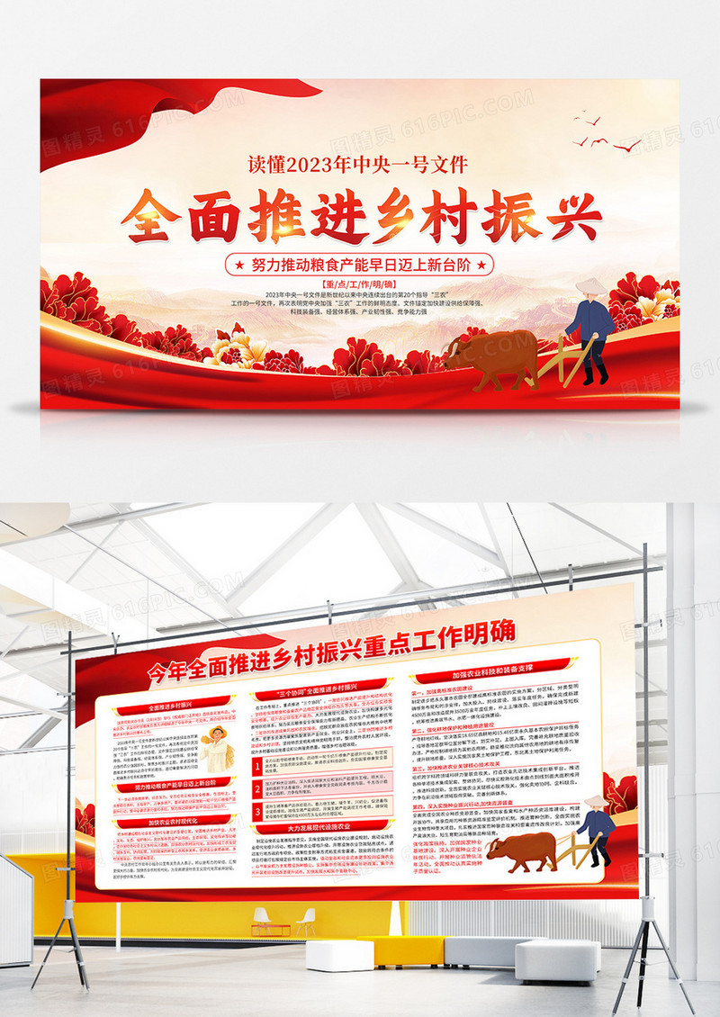 党建风全面推进乡村振兴双面展板