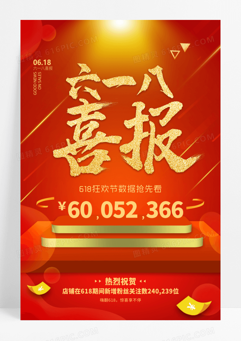 红金618销售额战报喜报海报设计