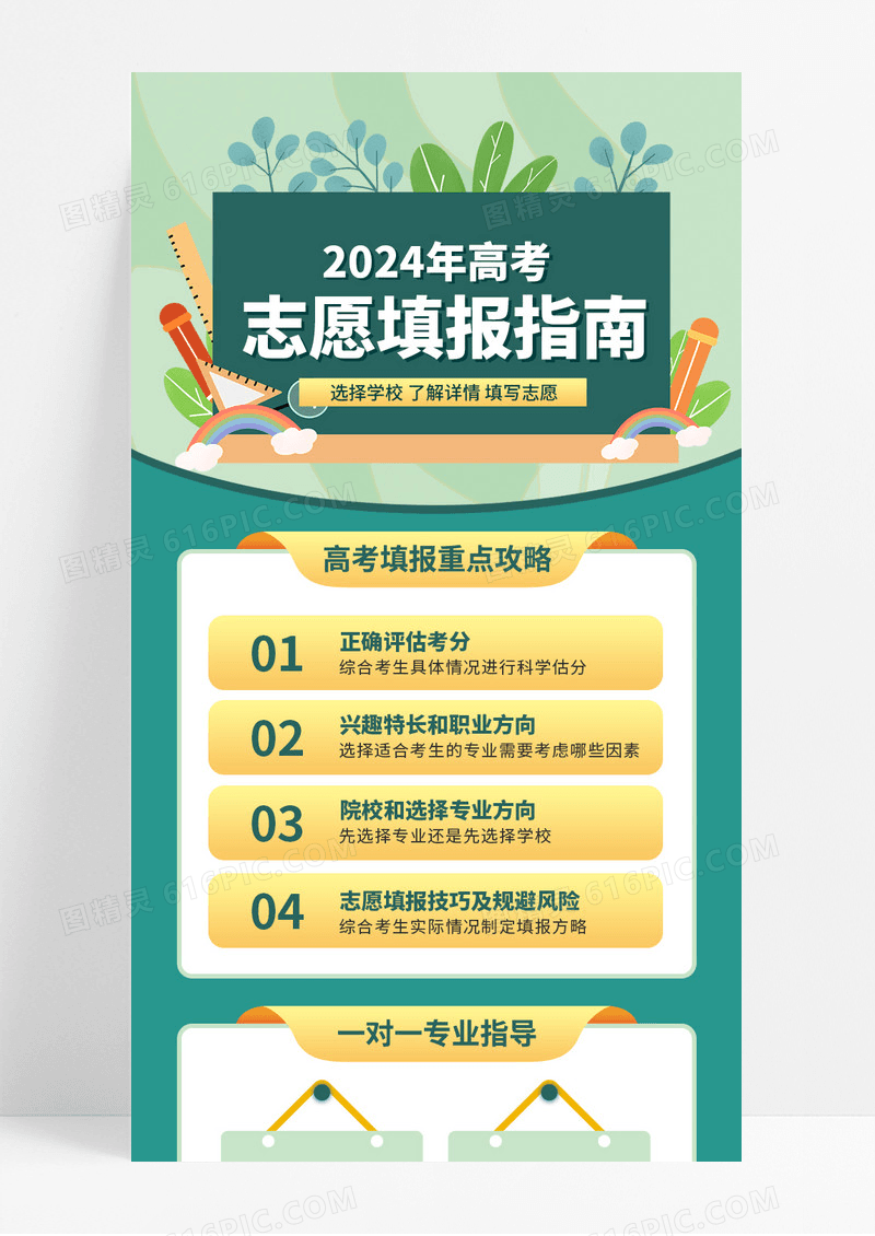 绿色卡通黑板高考志愿填报攻略课程手机宣传长图