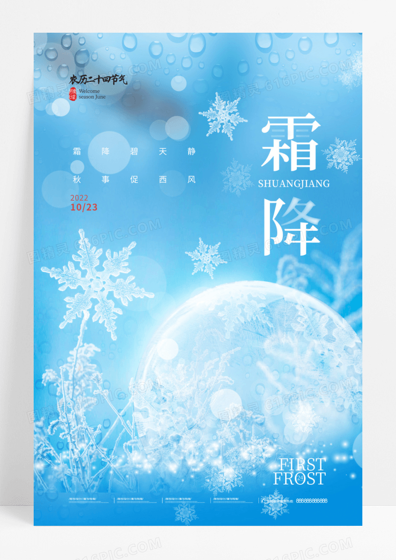 蓝色简约二十四节气雪花霜降海报