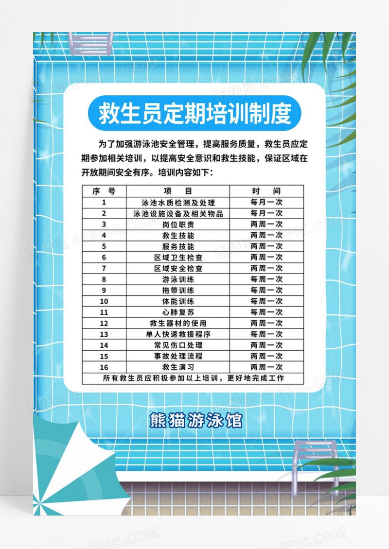 蓝色简约救生员定期培训制度培训海报