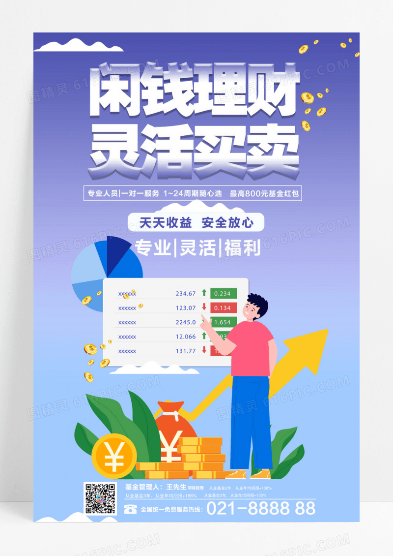 蓝色紫色闲钱理财灵活买卖金融海报