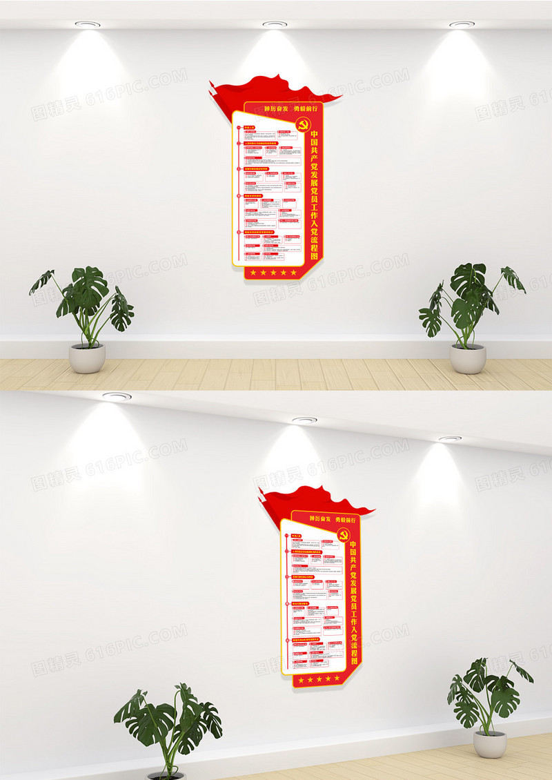 红色极简大气发展党员工作流程图党建文化墙