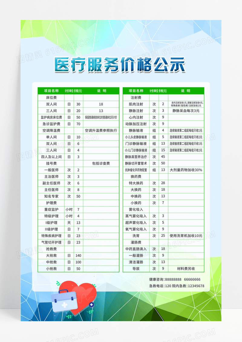 蓝色几何医疗价格表海报医疗价格