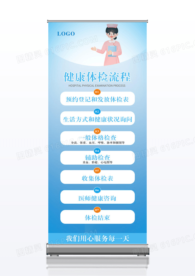 蓝色大气简约健康体验流程体检展架易拉宝