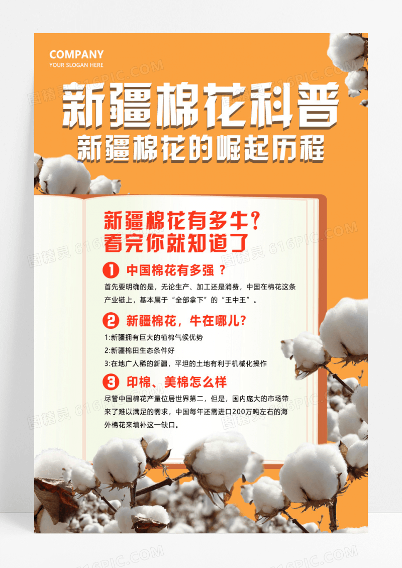 橙色简约新疆棉花科普宣传海报