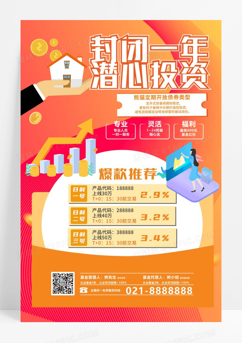 橙色卡通封闭一年潜心投资金融理财海报