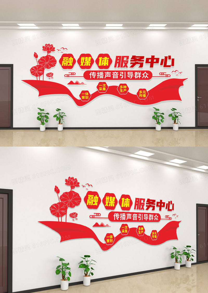 红黄简约融媒体服务中心文化墙