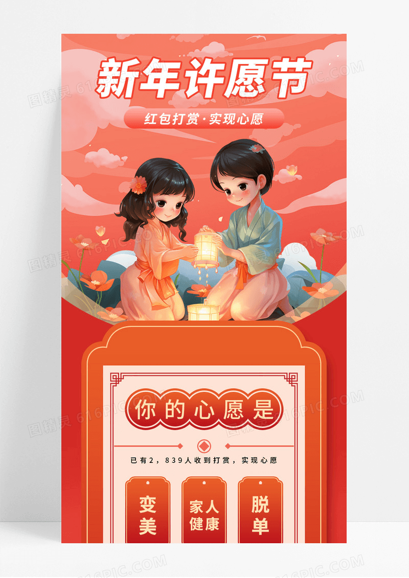 红色喜庆2025新年许愿节活动宣传长图