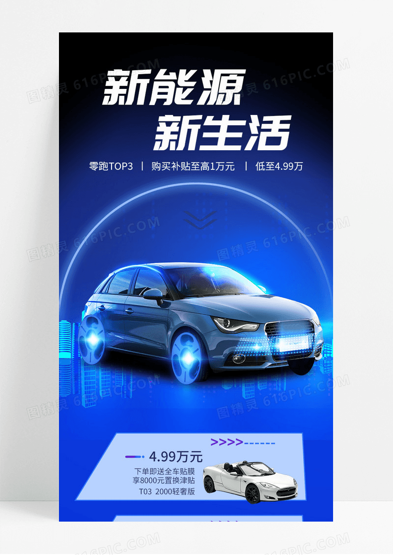 蓝色商务科技风新能源新生活汽车上市手机长图海报