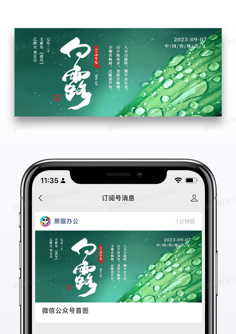 绿色简约二十四节气白露微信公众号封面图片