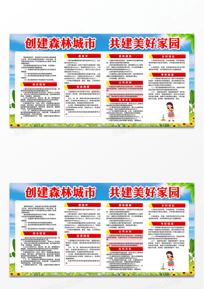 蓝天草地手绘共建美好家园创建森林城市宣传栏