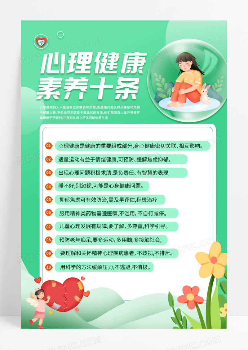 小清新绿色心理健康素养十条海报设计条约