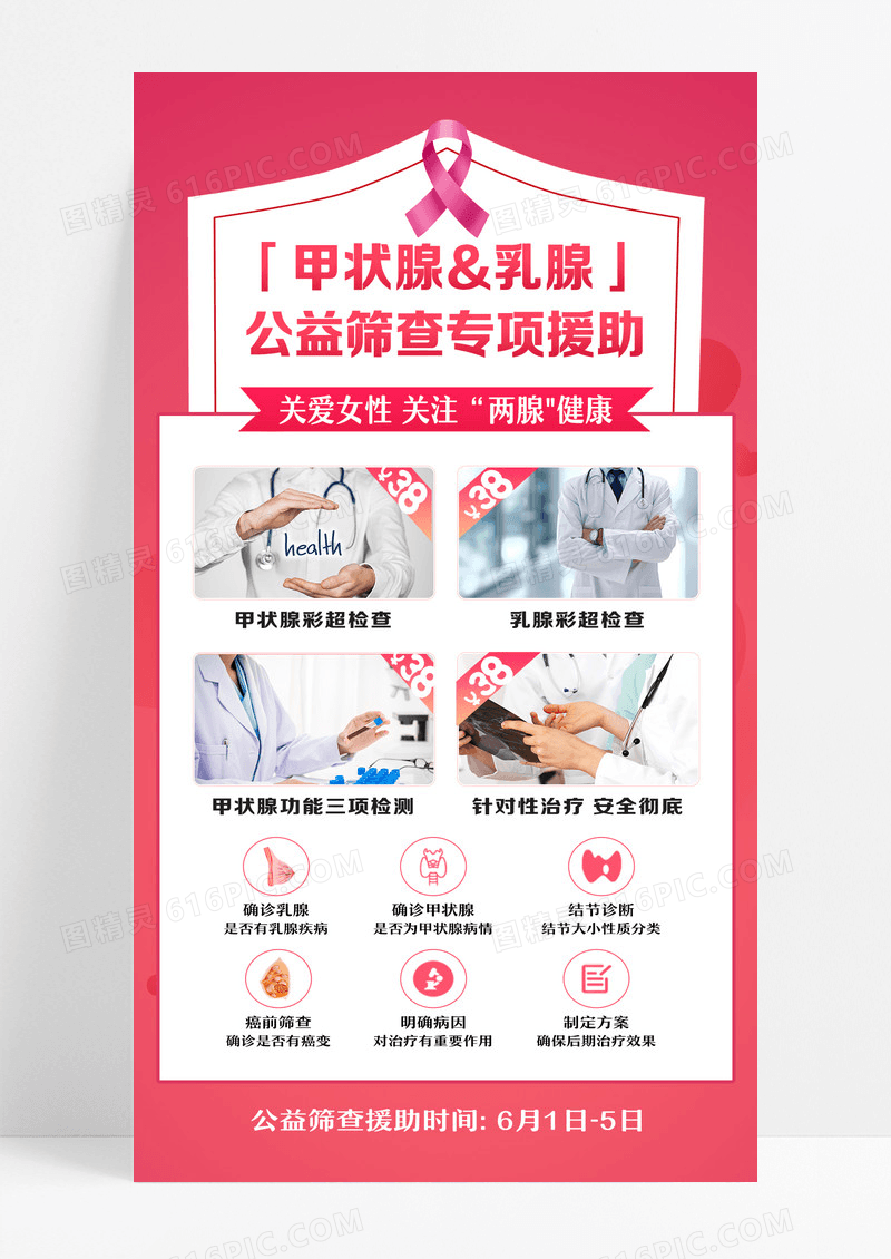 红色简约甲状腺乳腺公益筛查专项援助甲状腺手机海报设计