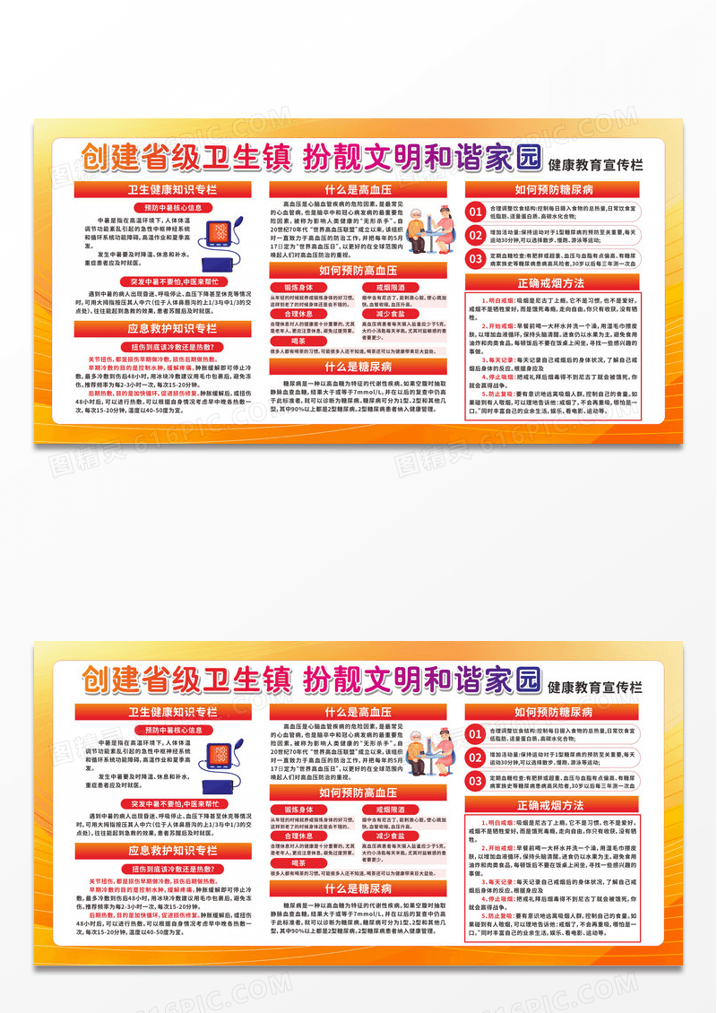 橙色简约创建省级卫生镇扮靓文明和谐家园健康教育宣传栏健康宣健康宣传栏设计