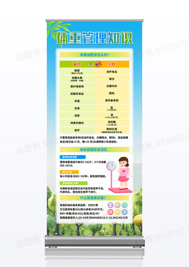 蓝色清新简约体重管理年宣传知识宣传易拉宝展架