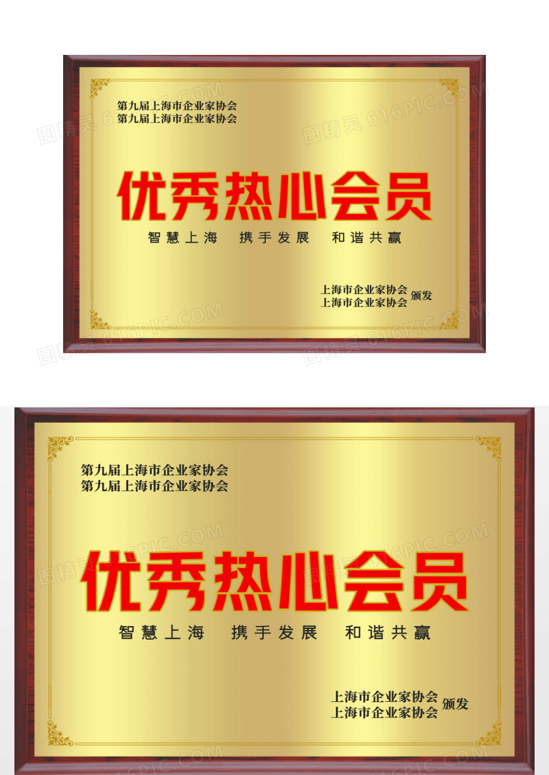 金色简约企业优秀热心会员红木边铜牌证书