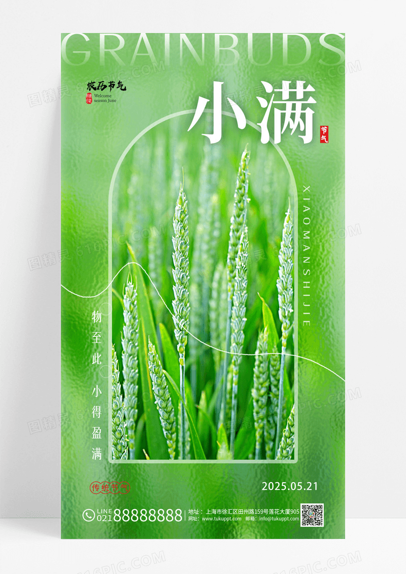 绿色玻璃风格小满小满宣传海报小满手机宣传海报