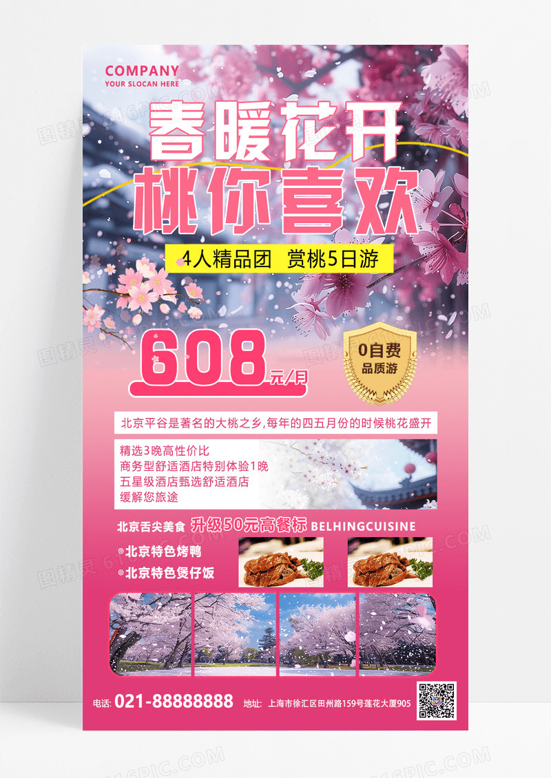粉色简约春季旅游赏桃花大气海报