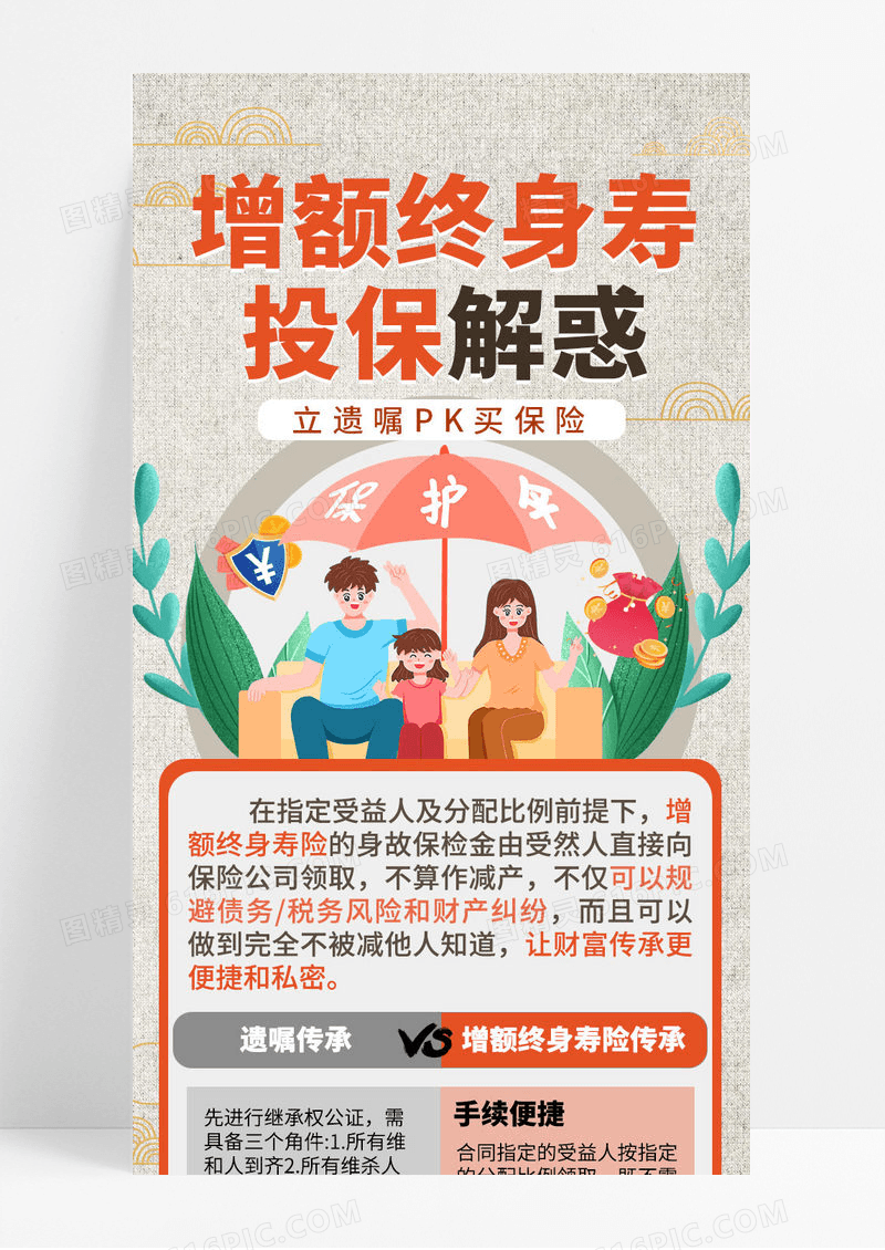 中国风插画增额终身寿险保险投保解惑对比手机ui宣传长图