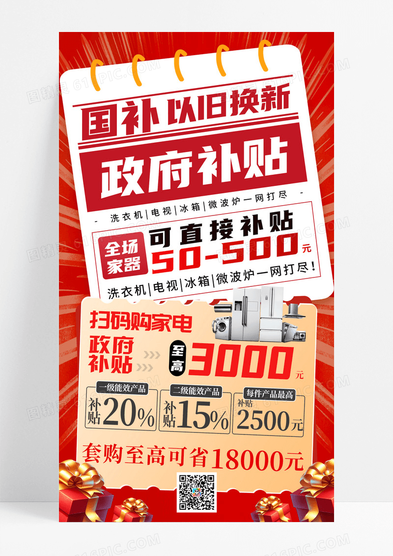 红色喜庆国补活动家电补贴手机宣传海报