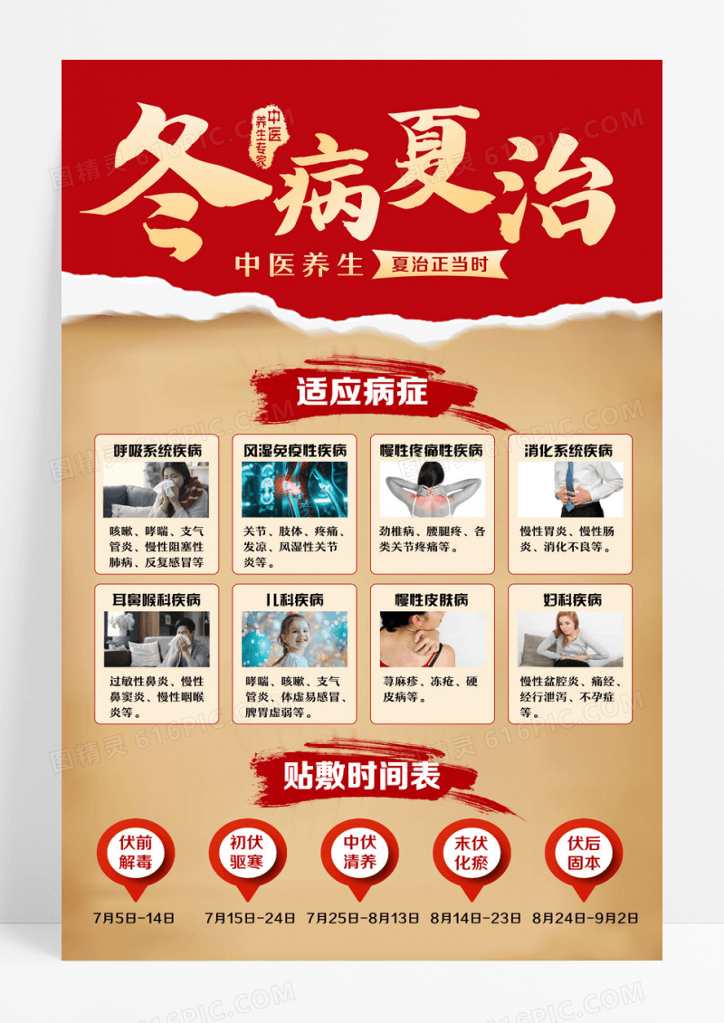 红色拼贴风冬病夏治三伏贴文案海报设计
