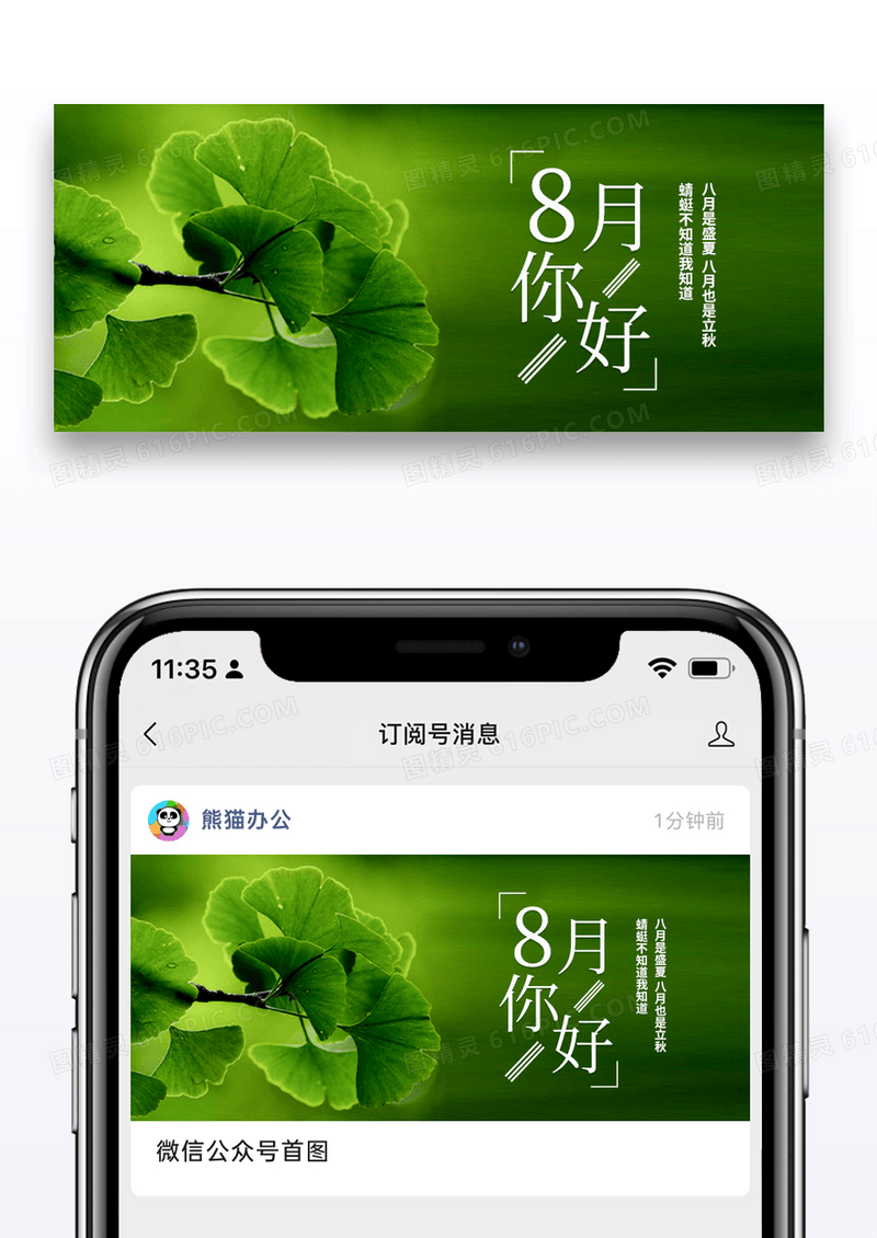 绿色八月你好微信公众号封面设计图片