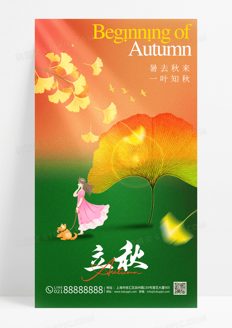渐变立秋银杏叶插画节气海报